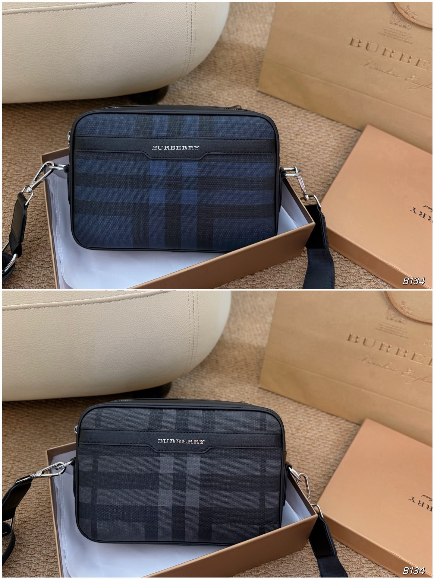 （配盒）  size：24&times;17 Burberry 巴宝莉格纹男士单肩斜挎包 经典格纹设计，质感十足！ 肩带可调节，单肩斜挎都可 男女都可背，容量超棒 上身百搭又可爱，气质满满！